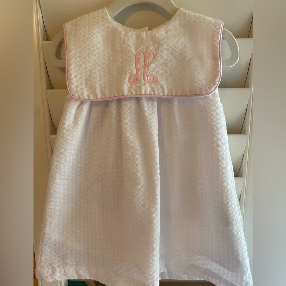 Cecil and Lou, white searsucker dress with an “A”, size 12 mo in VGUC